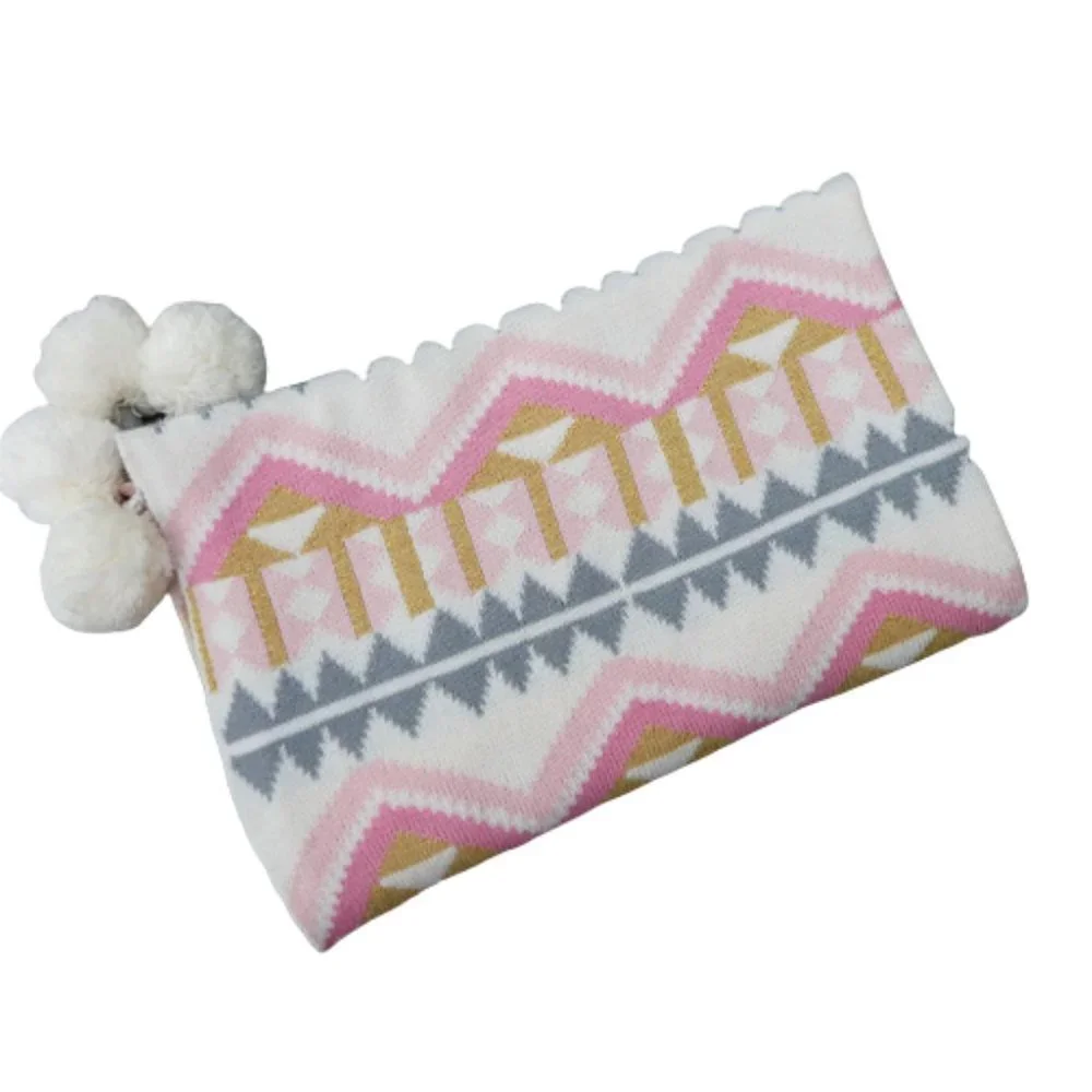 Pottery Barn The Emily & Merritt Knit Baby Snugly Blanket Corner Pom Poms 30x40